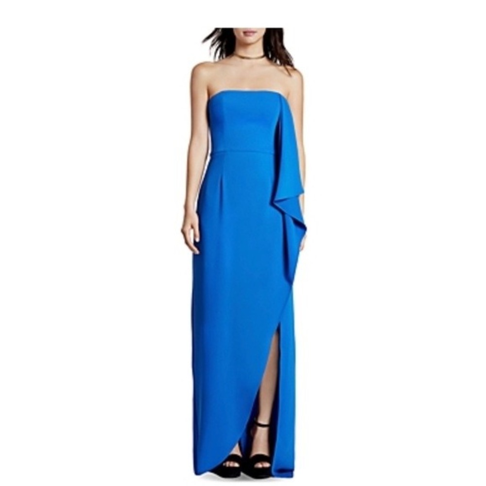 Halston Heritage Gown Women 2 Blue Strapless Ruffle Slit Evening Gala Elegant